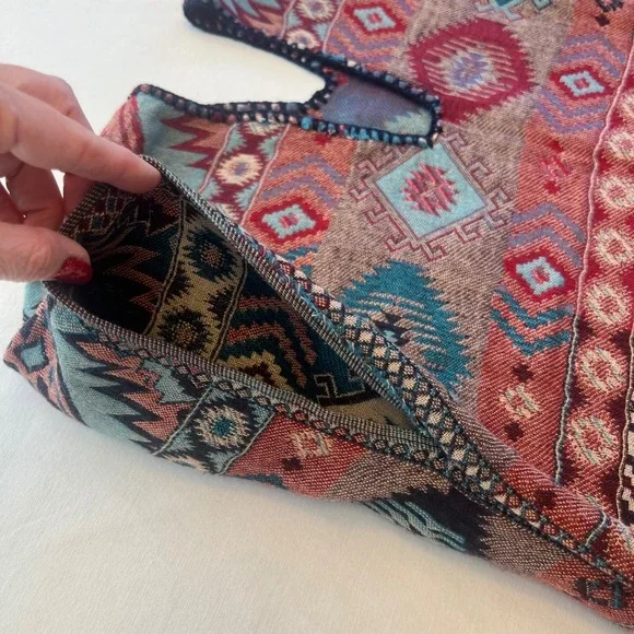 Boho Aztec Geometric Tribal Print Fringed Kaftan Poncho Tunic Top Size M/L‎ - Picture 6 of 8